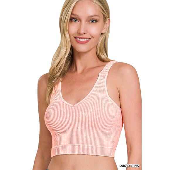 ROSLYN DUSTY PINK WASHED RIBBED CROPPED SEAMLESS BRA PADDED TANK TOP - Picture 1 of 2